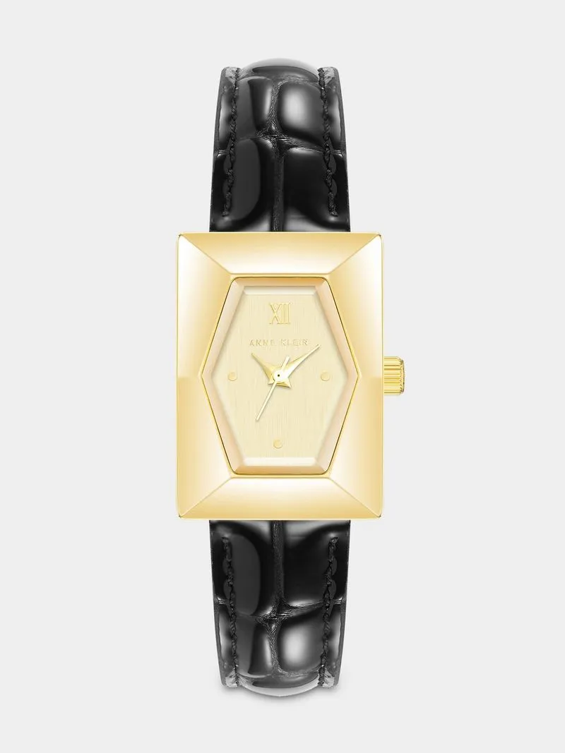Anne Klein Gold Plated Rectangular Black Leather Watch