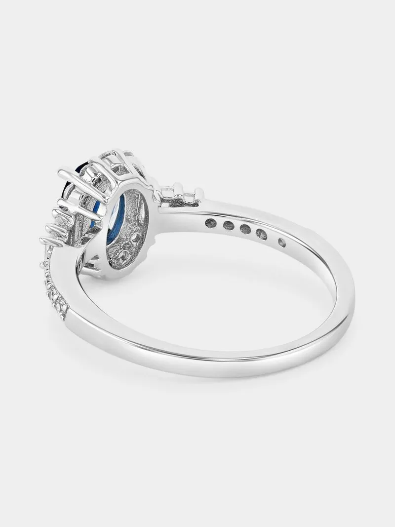Sterling Silver Sapphire Blue Cubic Zirconia Oval Halo Ring