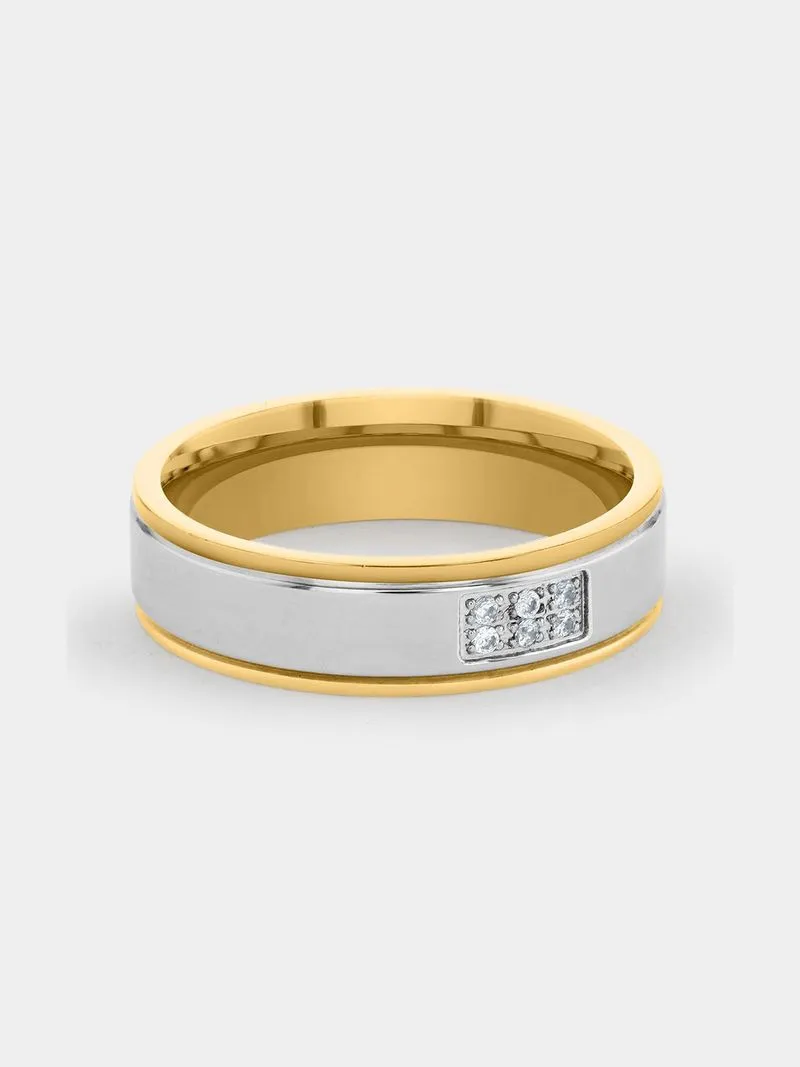 Stainless Steel Gold Plated Cubic Zirconia Men’s Cluster Edge Ring