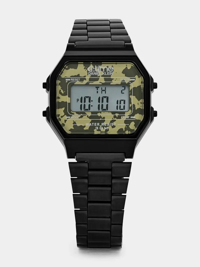 Daniel Klein Black Plated Camo Digital Bracelet Watch