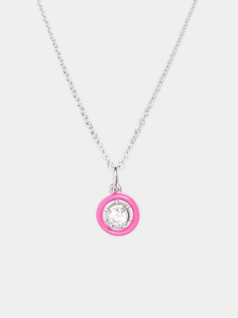 Rhodium Plated Brass Chain with CZ & Pink Enamel Pendant