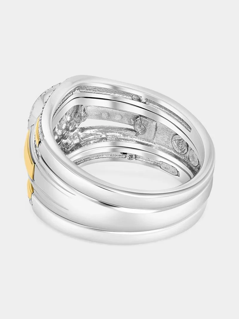Yellow Gold & Sterling Silver Diamond & Created Sapphire Pear Halo Triple Set Ring