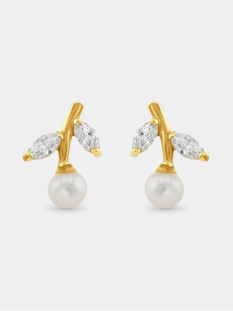 Yellow Gold, Cubic Zirconia & Pearl Stud Earrings