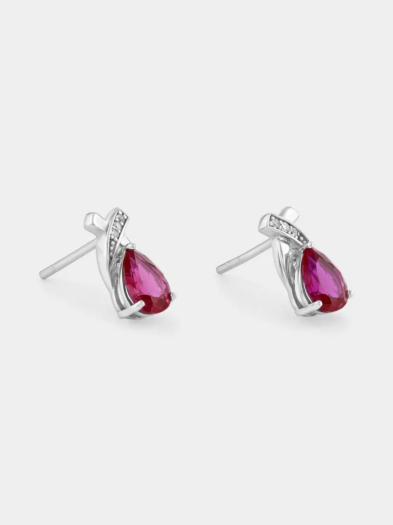 Sterling Silver Diamond & Created Ruby Pear Stud Earrings