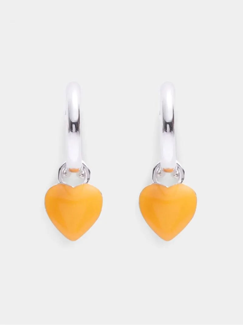 Rhodium Plated Brass Huggies with Orange Enamel Heart Charm