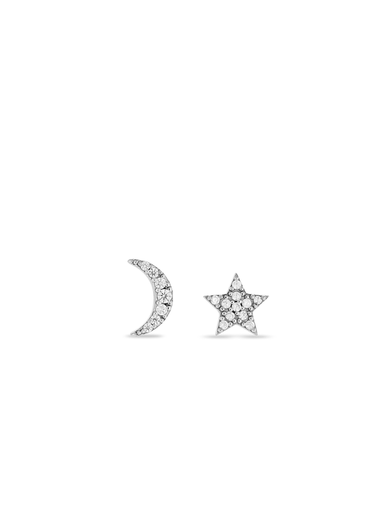 Miss Swiss Sterling Silver Cubic Zirconia Mismatched Moon & Star Stud Earrings