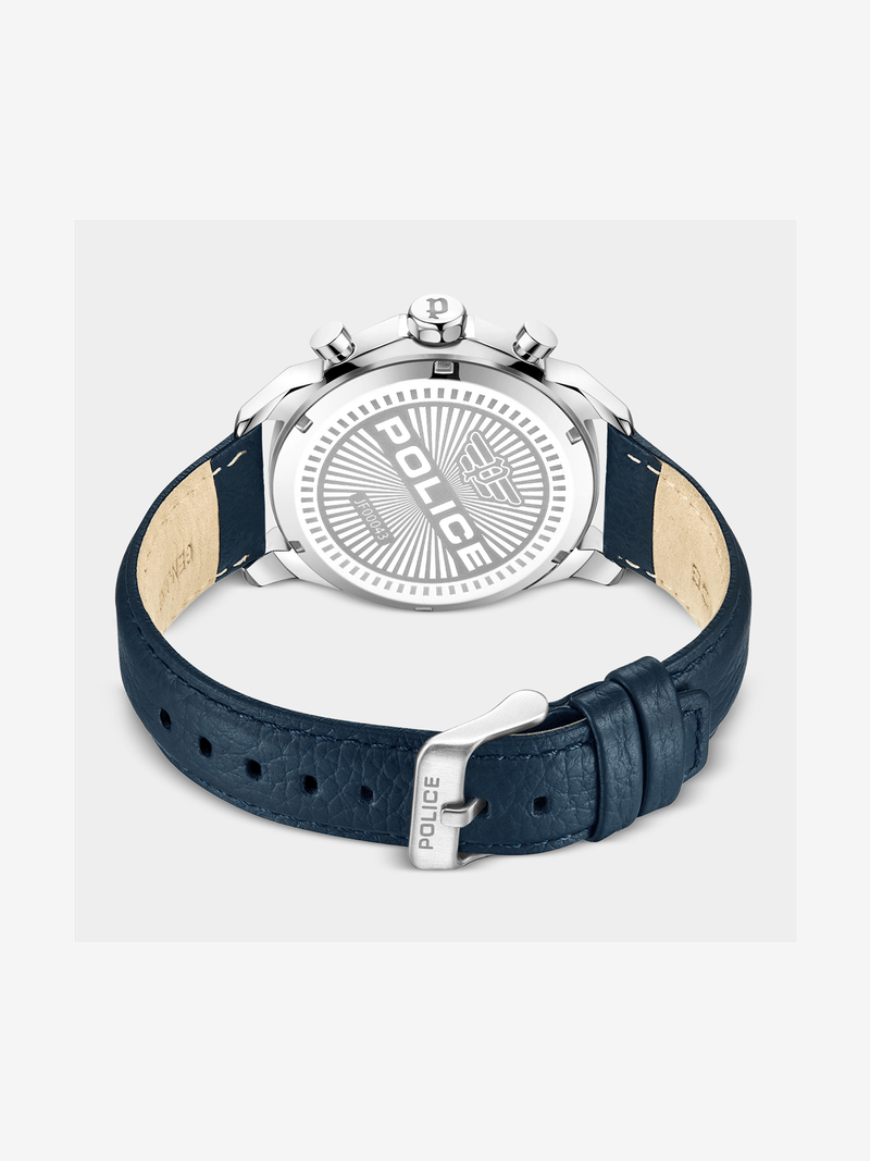 Police Menelik Stainless Steel Navy Dial Navy Leather Watch