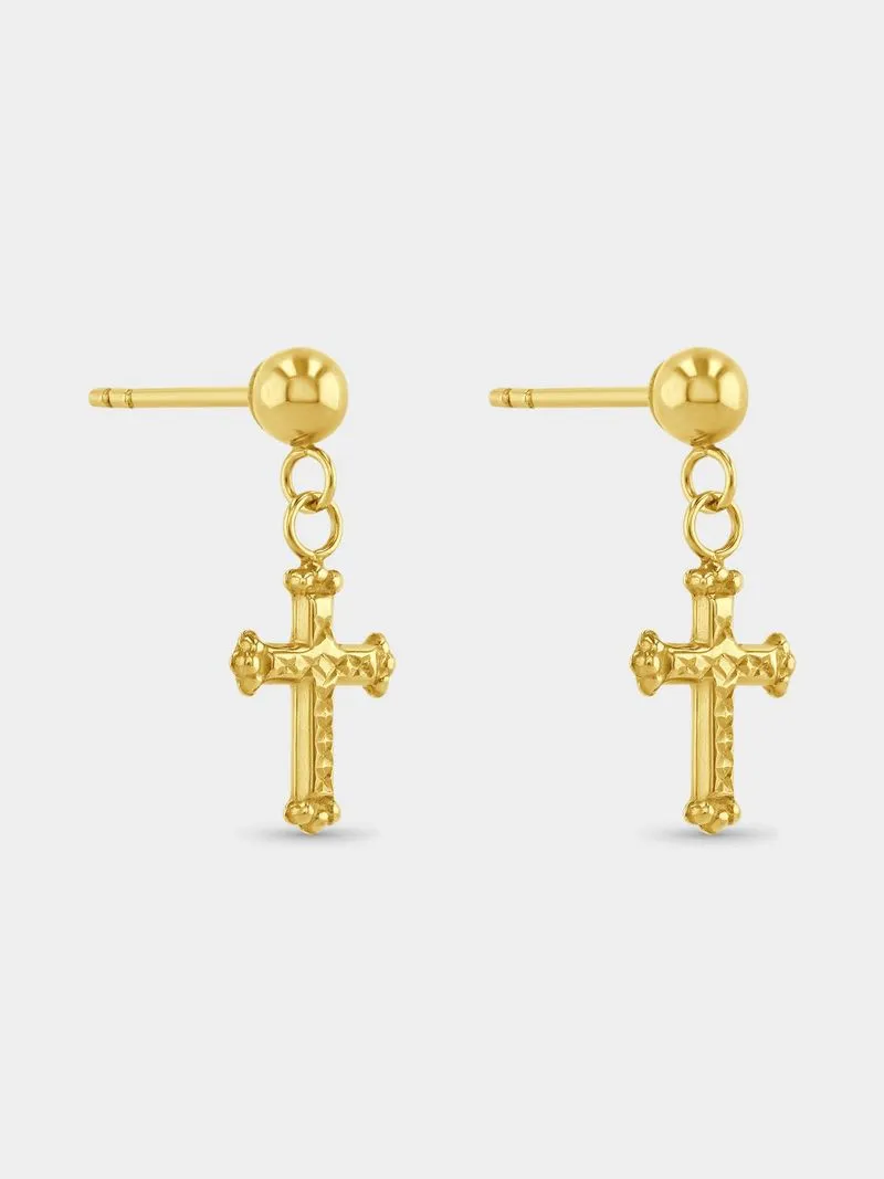 Yellow Gold & Sterling Silver Cross Drop Earrings