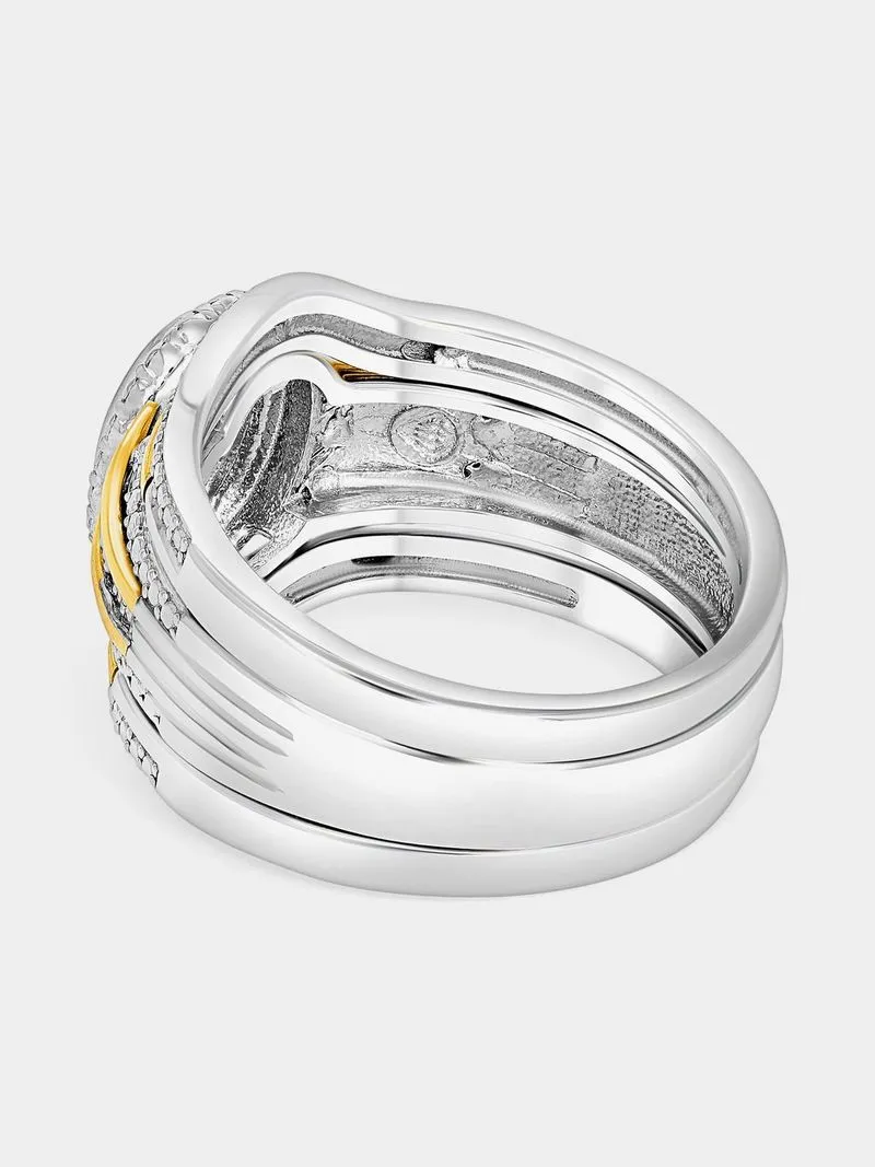Yellow Gold & Sterling Silver Diamond & Created Sapphire Oval Halo Triple Set Ring