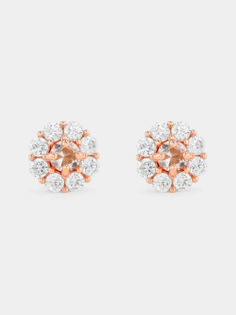 Rose Gold Plated Sterling Silver Morganite Cubic Zirconia Cluster Stud Earrings