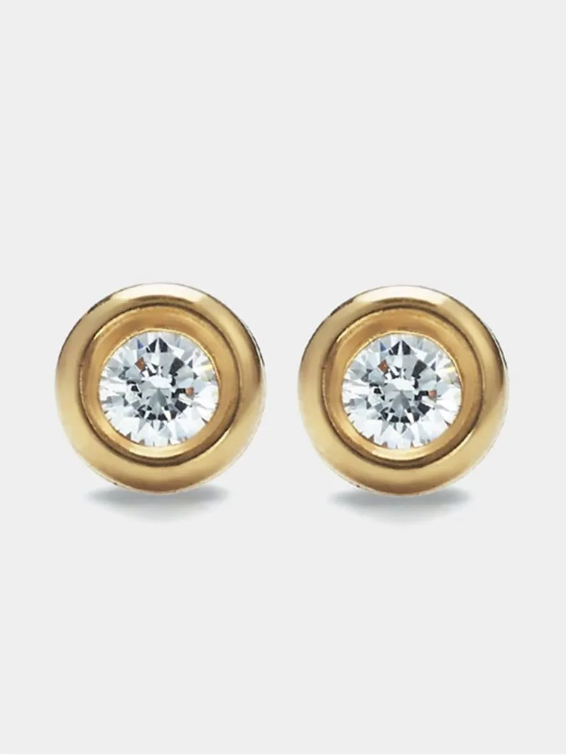 Yellow Gold,Cubic Zirconia Tube Edged Stud Earrings