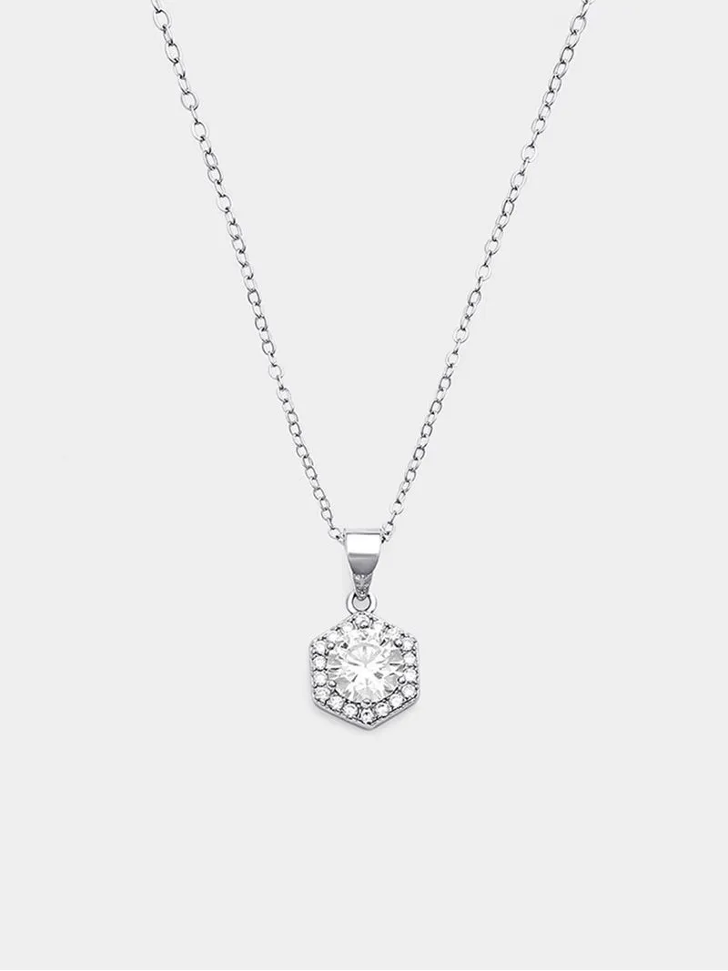 Sterling Silver Cubic Zirconia Hexagonal Halo Pendant