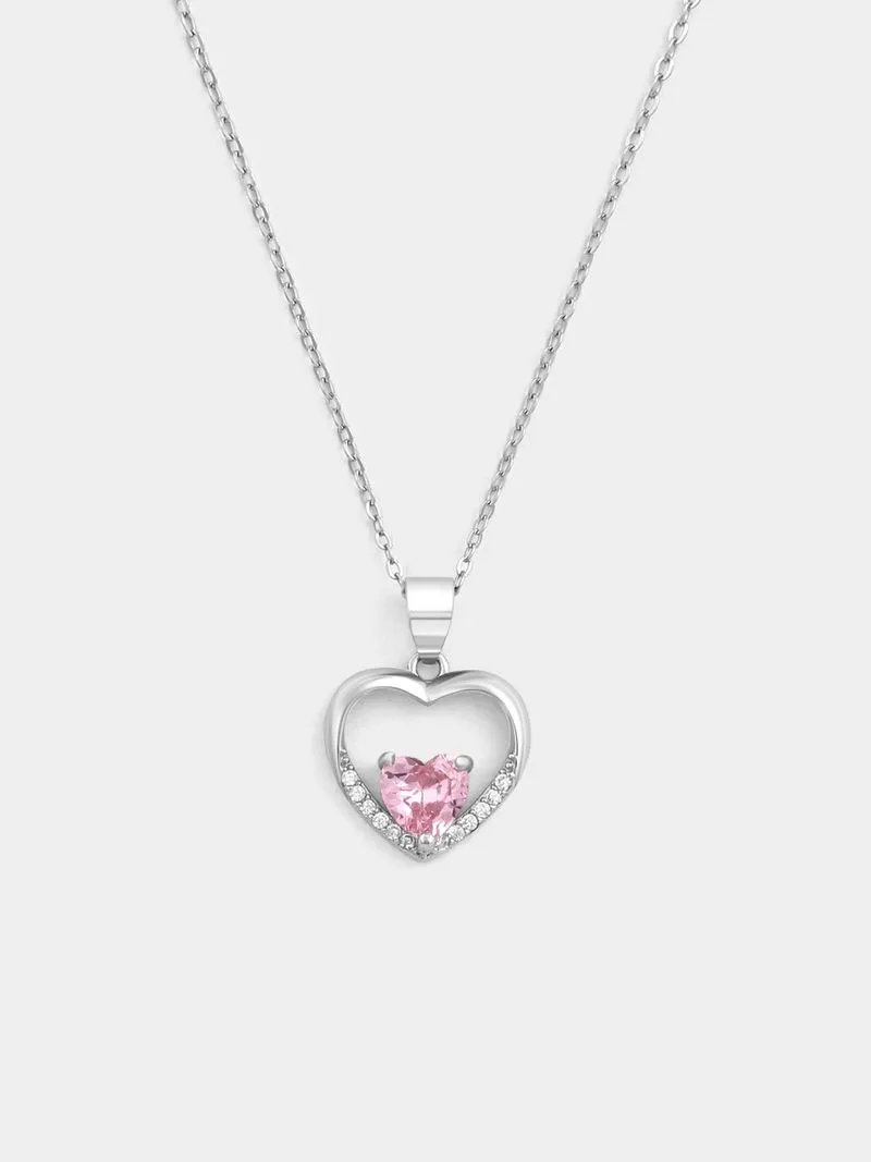 Sterling Silver Pink Cubic Zirconia Heart In Heart Pendant