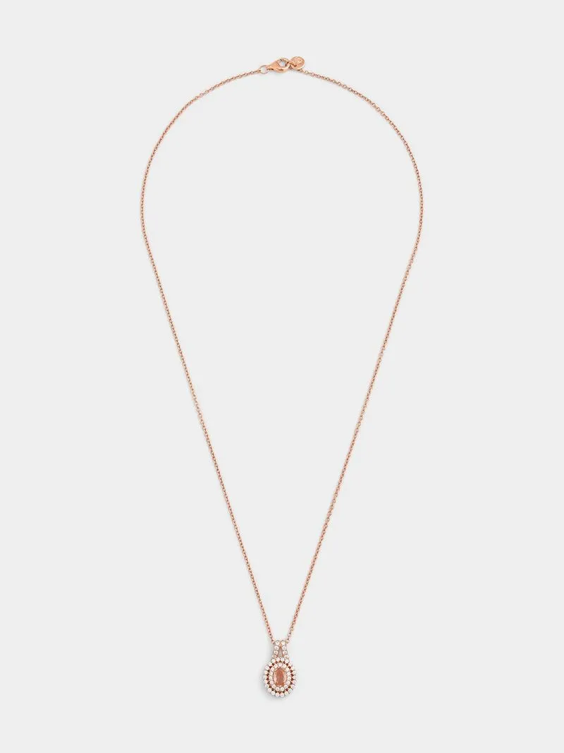 Rose Plated Sterling Silver Morganite Cubic Zirconia Oval Double Halo Pendant
