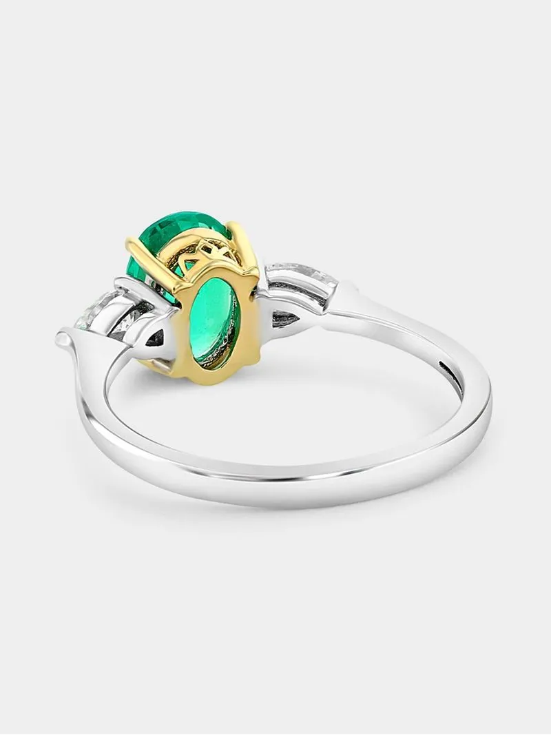 White & Yellow Gold Lab Grown Emerald & Moissanite Women’s Oval Trilogy Ring