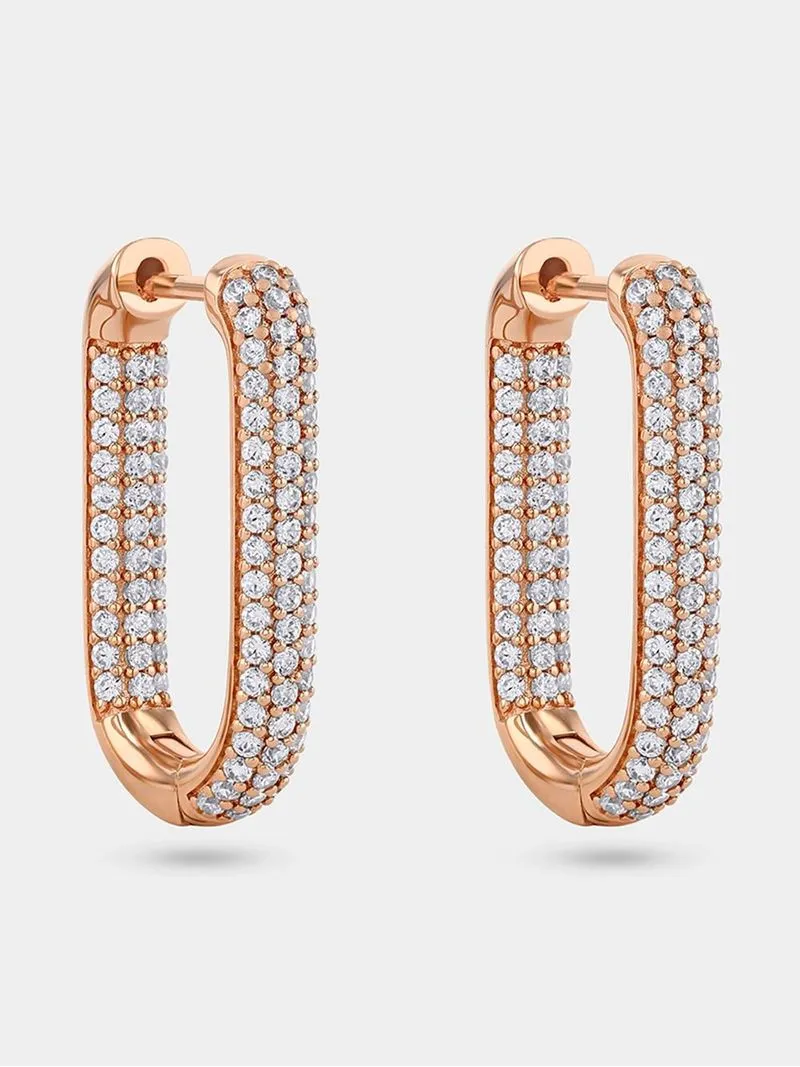 Rose Gold Plated Cubic Zirconia Women’s Long Oval Hoop Drop Earrings