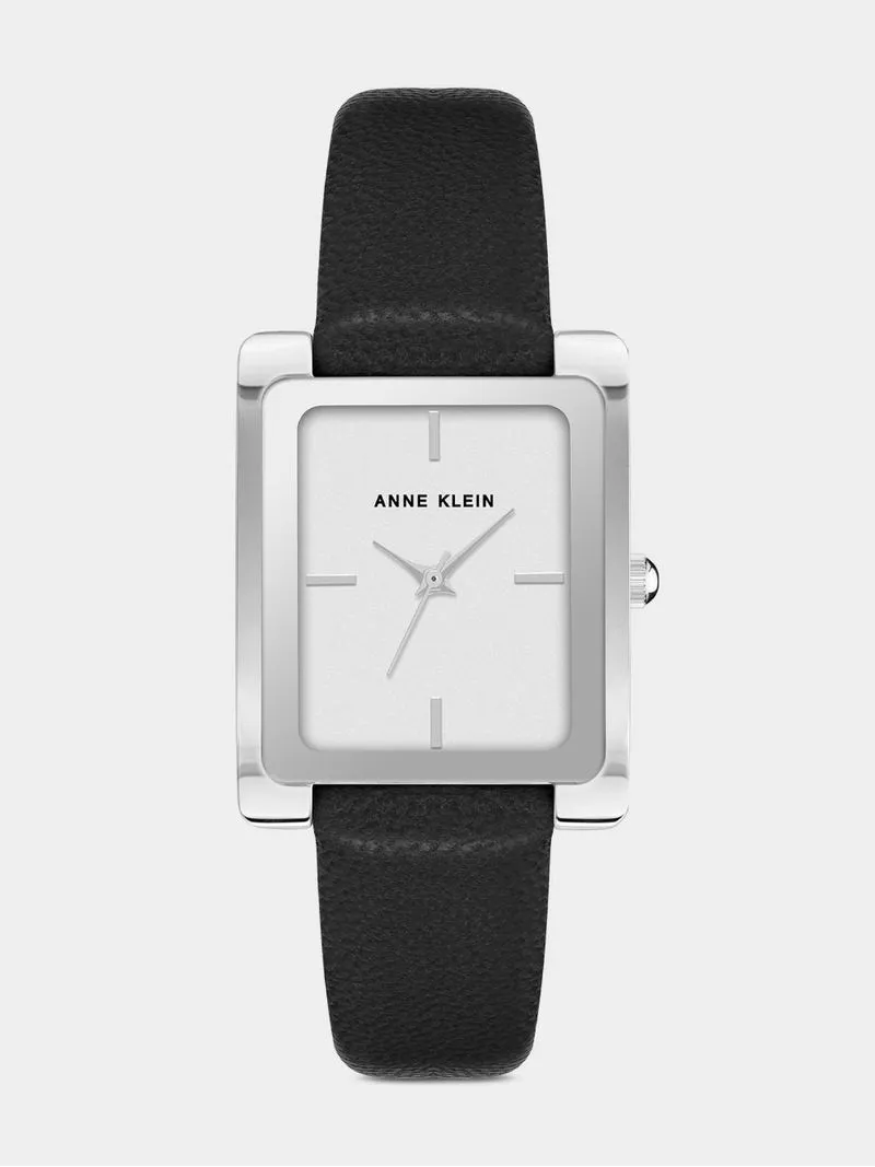 Anne Klein Silver Plated Rectangular Black Leather Watch