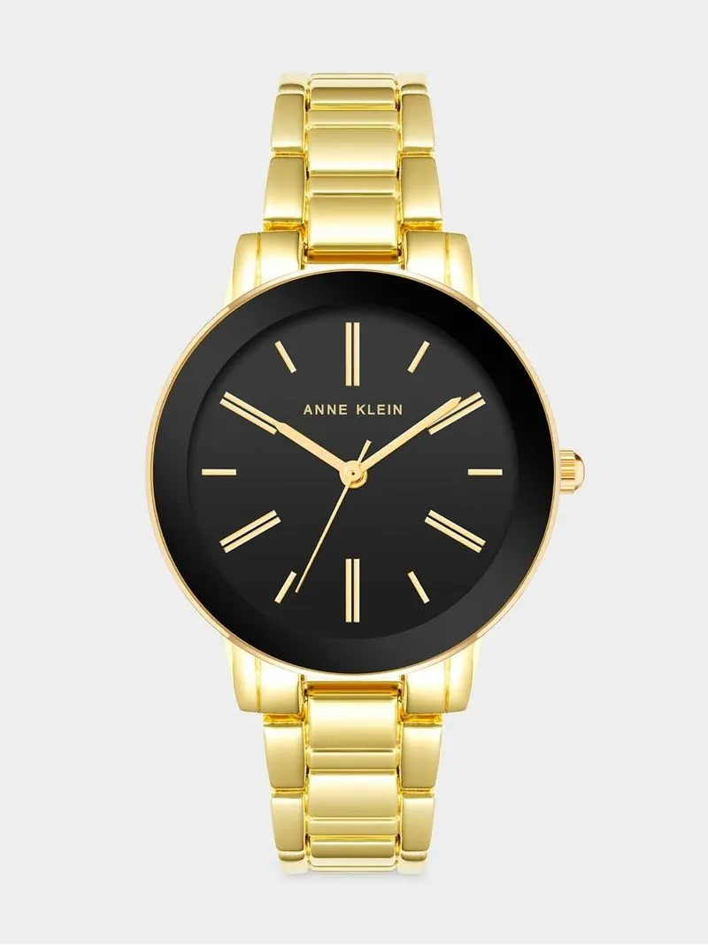Anne Klein Gold Plated Black Dial Round Bracelet Watch