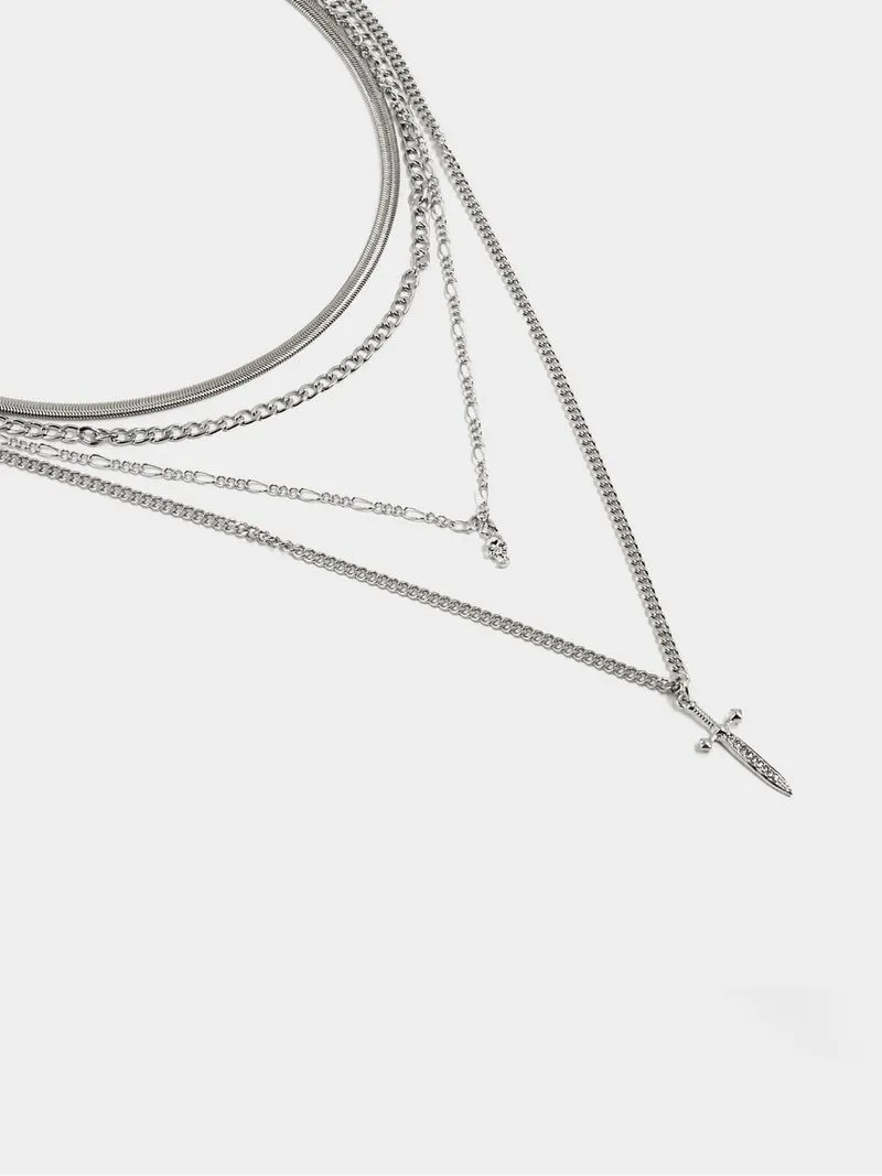 Men's Markham Skull and Dagger Silver Necklace Set