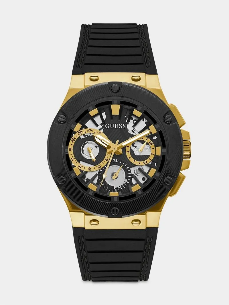 Guess Circuit Gold Plated Black Dial Chronograph Silicone Watch