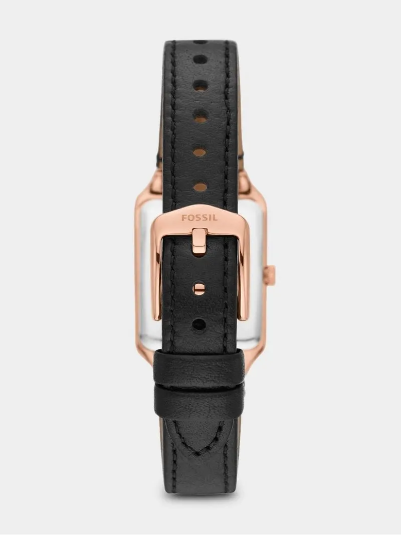 Fossil Raquel Rose Plated Stainless Steel Black Leather Watch