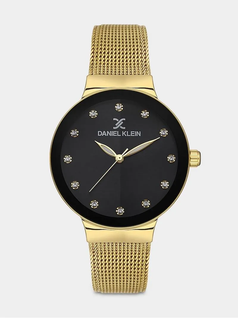 Daniel Klein Gold Plated Black Dial Mesh Watch