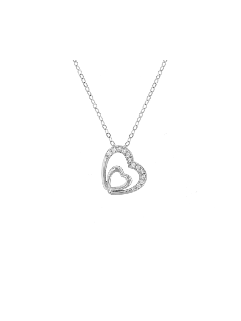 Miss Swiss Sterling Silver Cubic Zirconia Double Heart Pendant Necklace