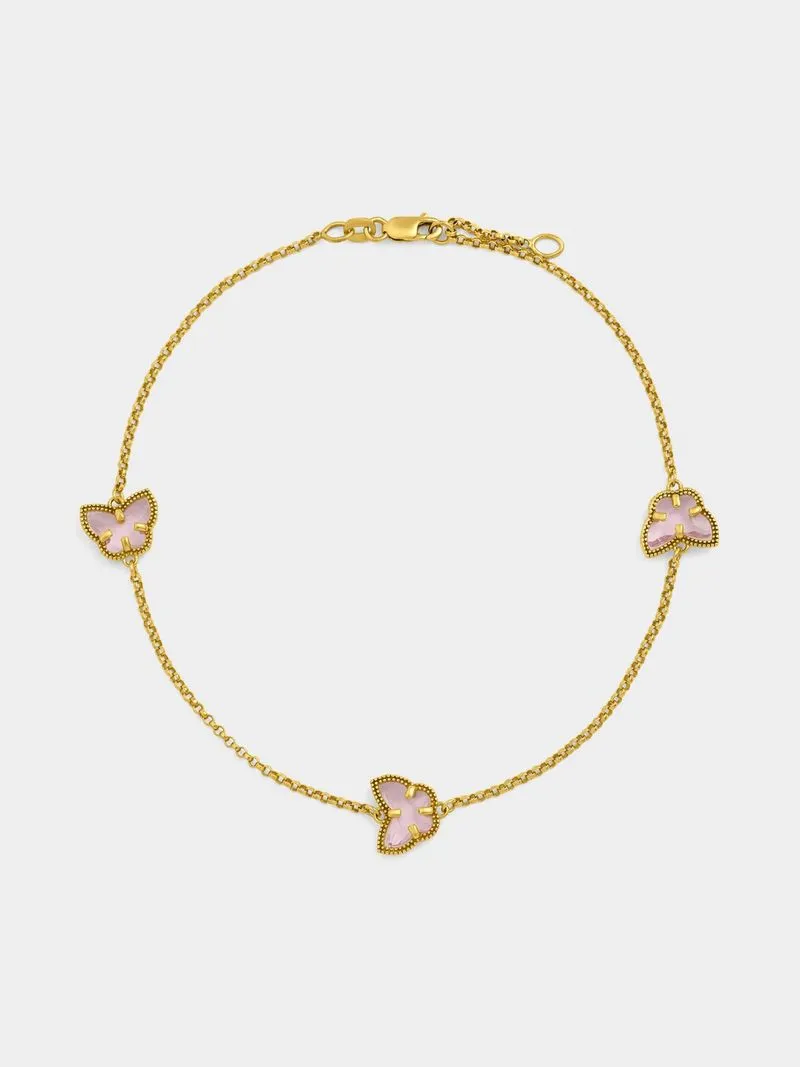 Yellow Gold & Sterling Silver Pink Cubic Zirconia Butterfly Anklet chain.