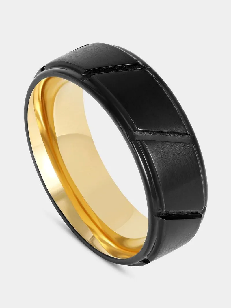 Tungsten Black & Gold Plated Diagonal Stripes Ring