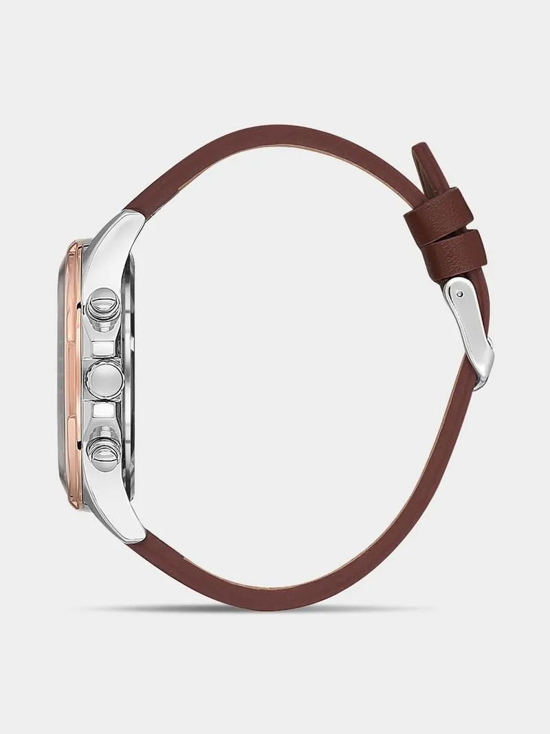 Daniel Klein Silver & Rose Plated Brown Dial Brown Leather Chronograph Watch