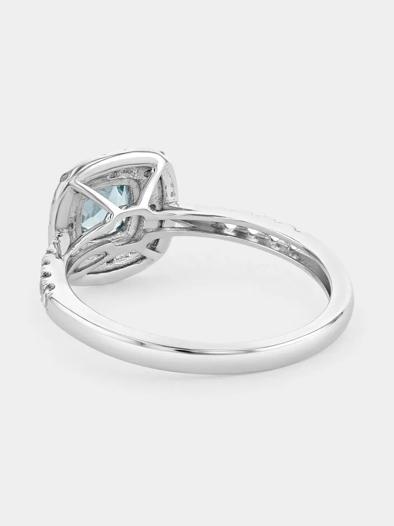Sterling Silver Diamond & Created Aquamarine Cushion Halo Ring