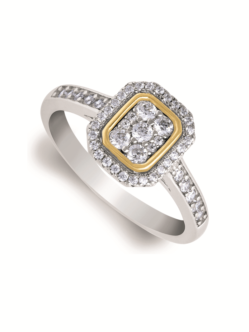 Yellow Gold & Sterling Silver, Square-Shaped Cubic Zirconia Cluster Ring