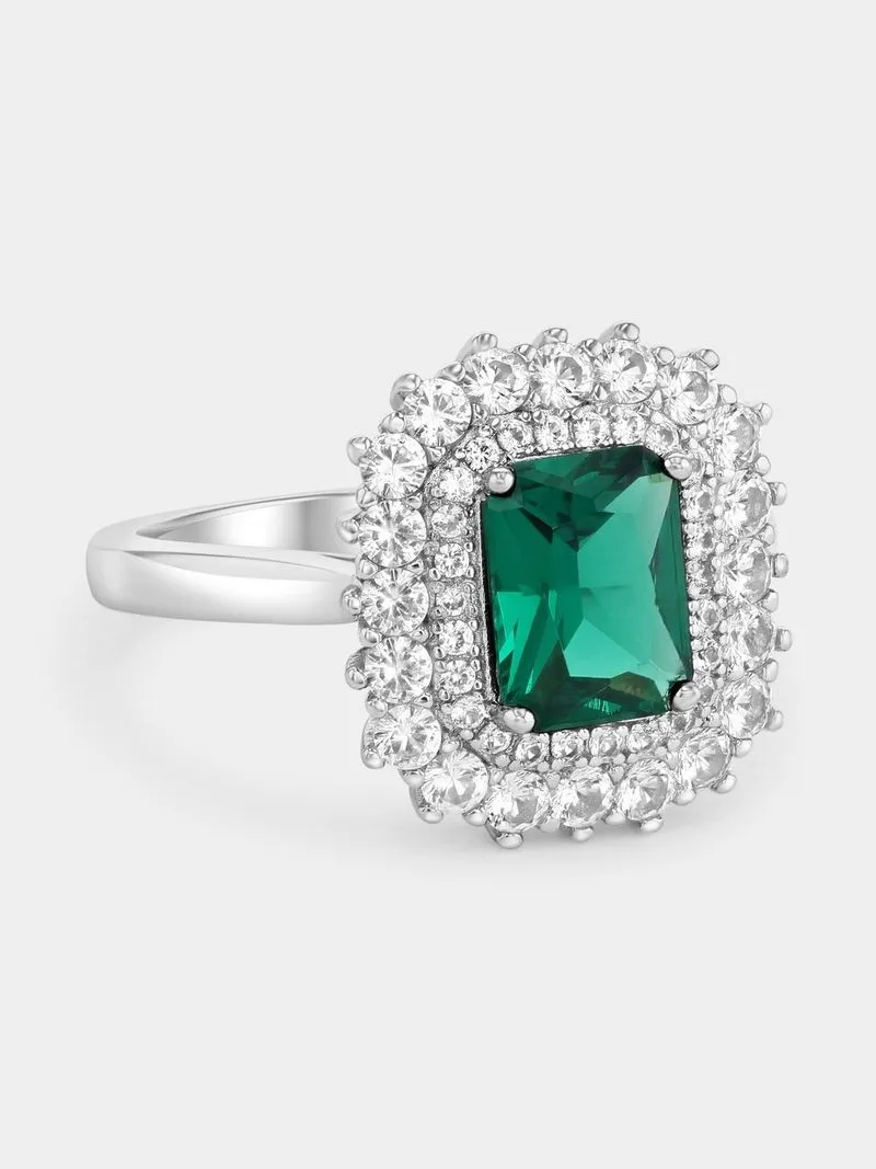 Sterling Silver Diamond &Created Sapphire & Green Spinel Emerald-Cut Halo Ring