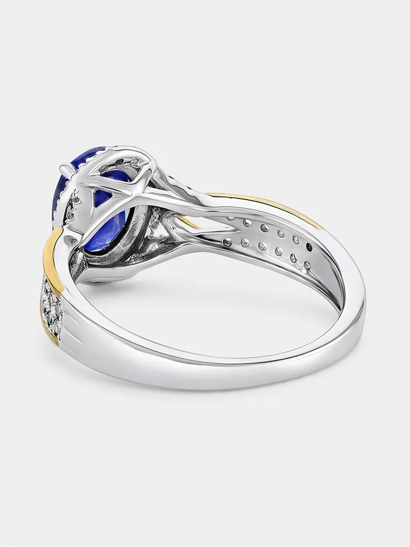 Yellow Gold & Sterling Silver Diamond & Created Blue Sapphire Oval Halo Ring