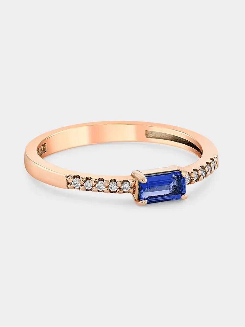 Rose Gold Lab Grown Blue Sapphire & Moissanite Women’s Emerald-Cut Ring