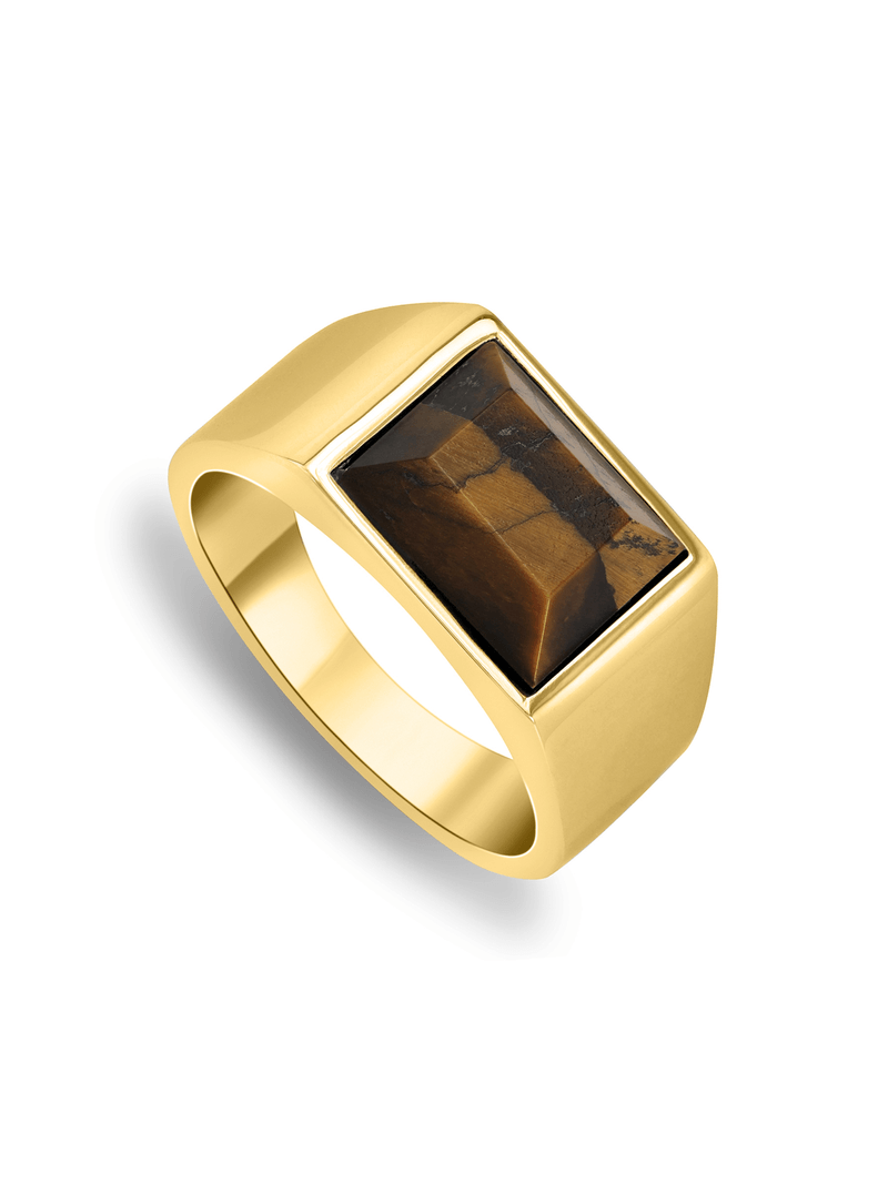 Stainless Steel Gold Tone Tigers Eye Men's Signet Ring