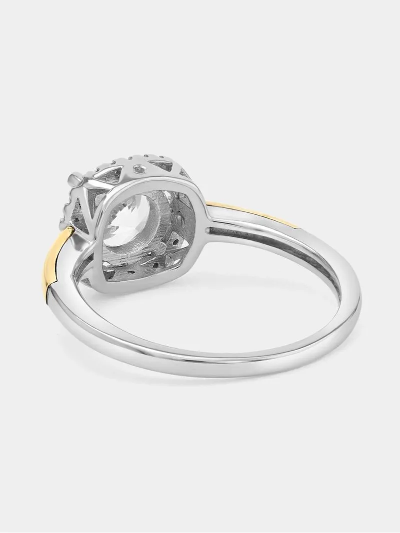 Yellow Gold & Sterling Silver Diamond & Created Sapphire Cushion Halo Ring