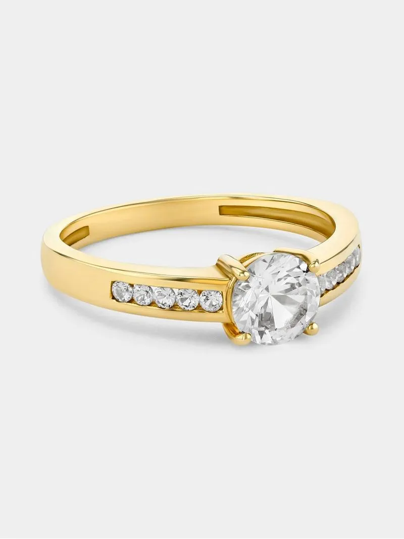 Yellow Gold Diamond & Created Sapphire Round Solitaire Channel Ring