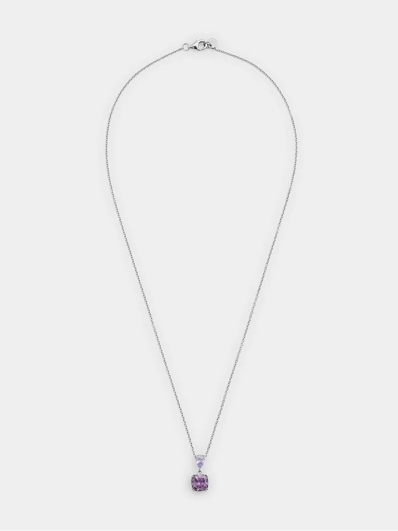 Sterling Silver Amethyst Cubic Zirconia Cushion Pear Pendant