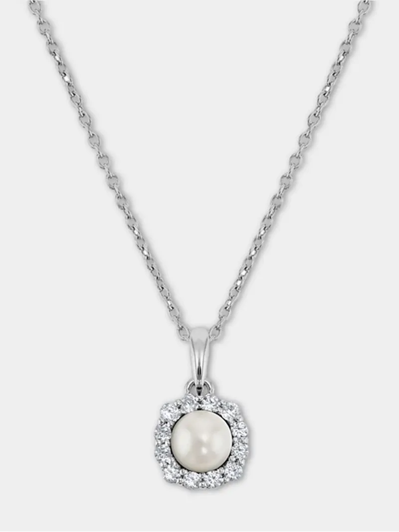 Sterling Silver Diamond & Freshwater Pearl Cushion Halo Pendant