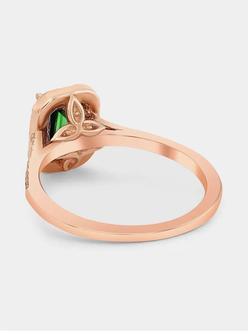 Rose Gold Lab Grown Emerald & Moissanite Women’s Halo Ring