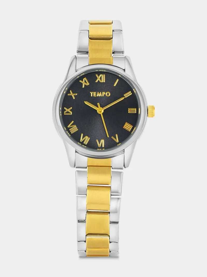 Tempo Gold Plated Black Dial Two-Tone Bracelet Watch