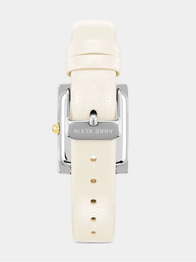 Anne Klein Silver & Gold Plated Rectangular Ivory Leather Watch
