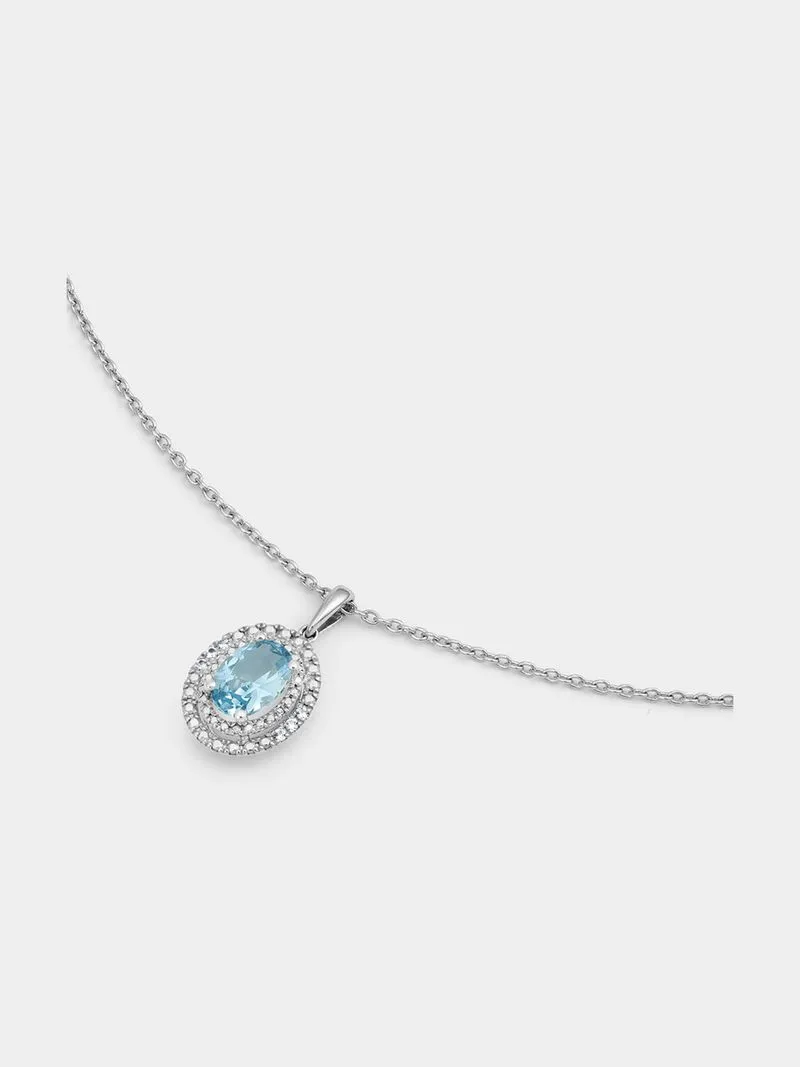 Sterling Silver Diamond & Created Aquamarine Oval Halo Pendant