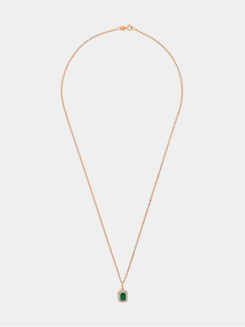 Rose Gold,Green Cubic Zirconia Square Halo pendant on a Rose Gold &Sterling Silver Chain