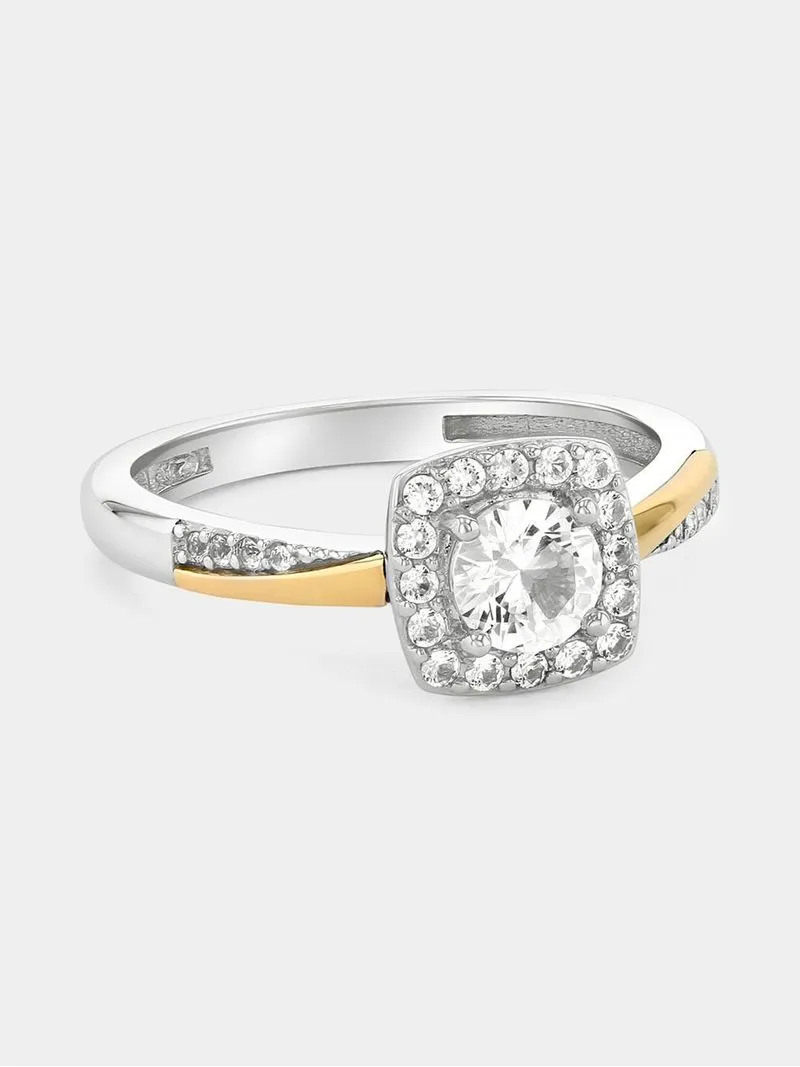 Yellow Gold & Sterling Silver Diamond & Created Sapphire Cushion Ring