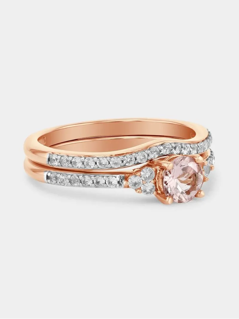 Rose Gold Diamond Pink Morganite Trilogy Twinset Ring