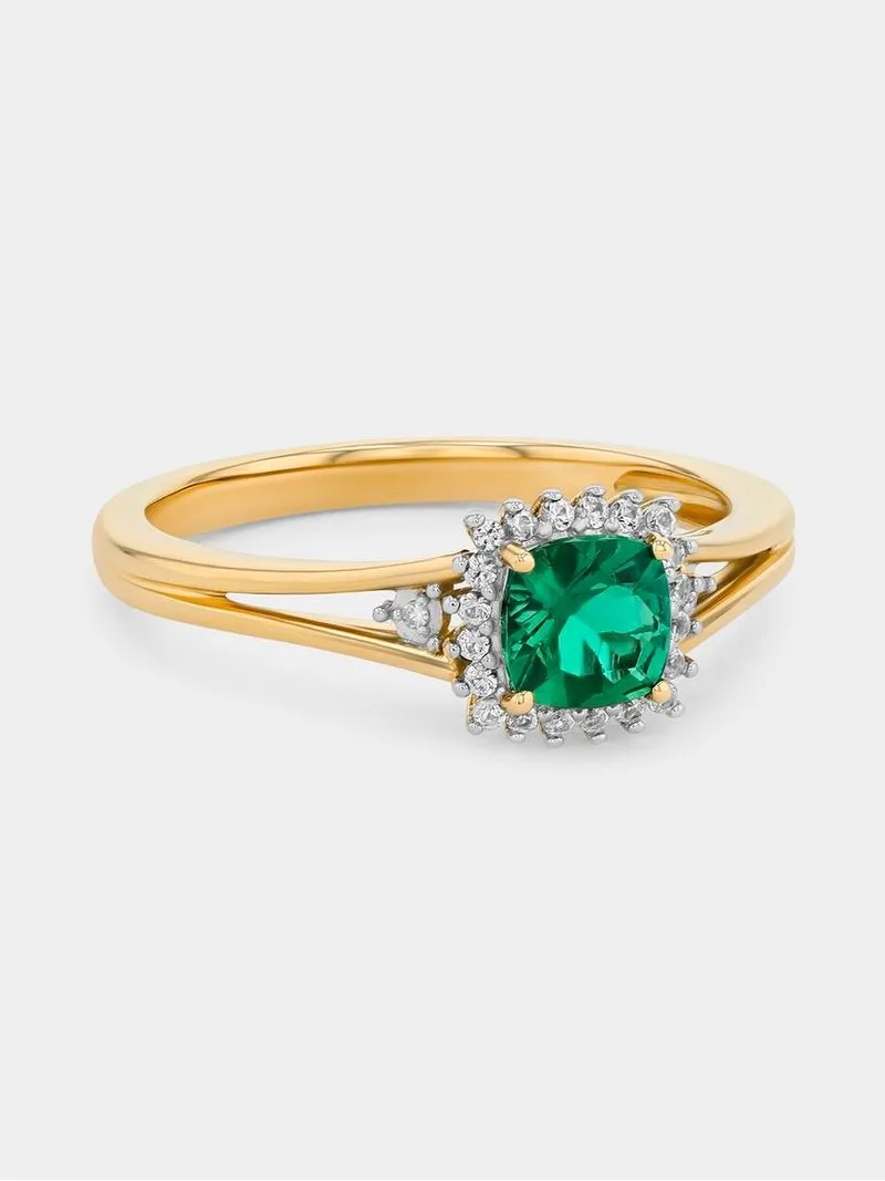 Yellow Gold Diamond & Created Emerald Cushion Halo Ring