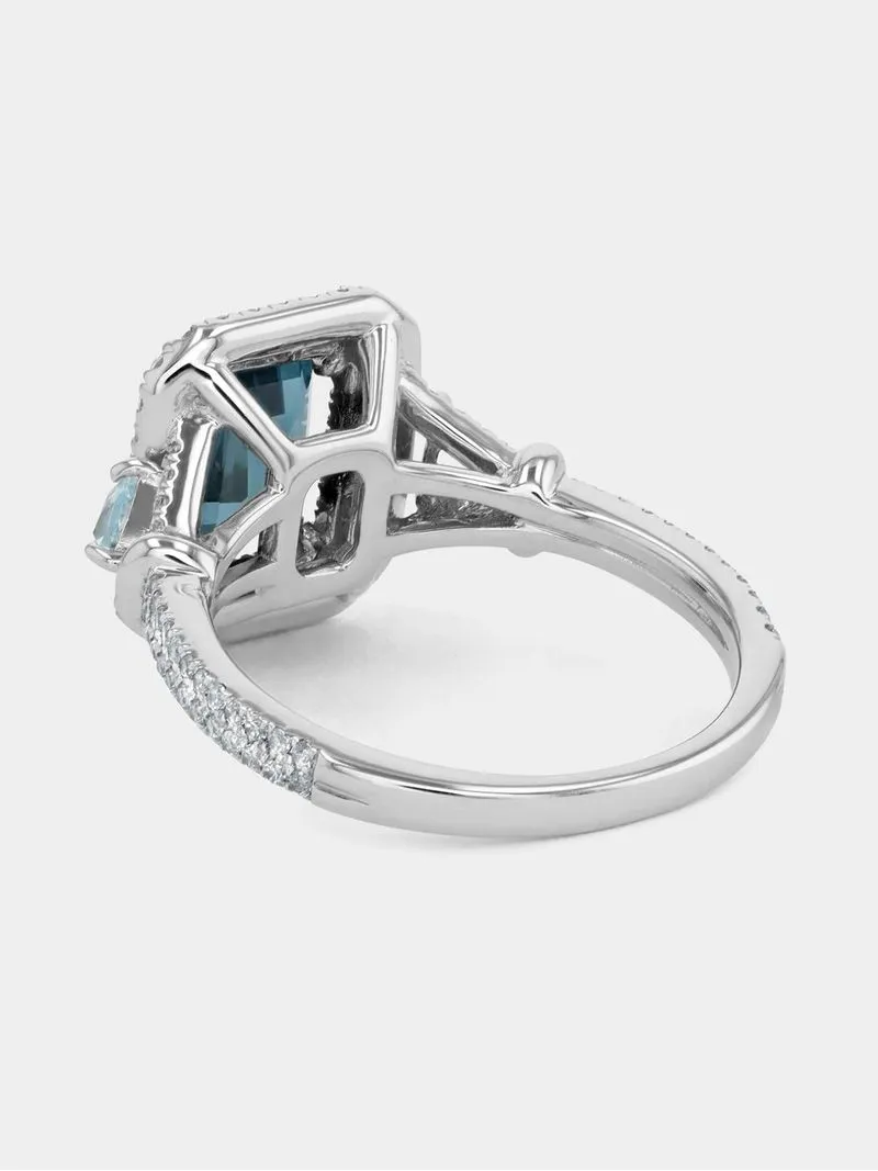 White Gold 0.53ct Diamond & London Blue Topaz Halo Trilogy Ring