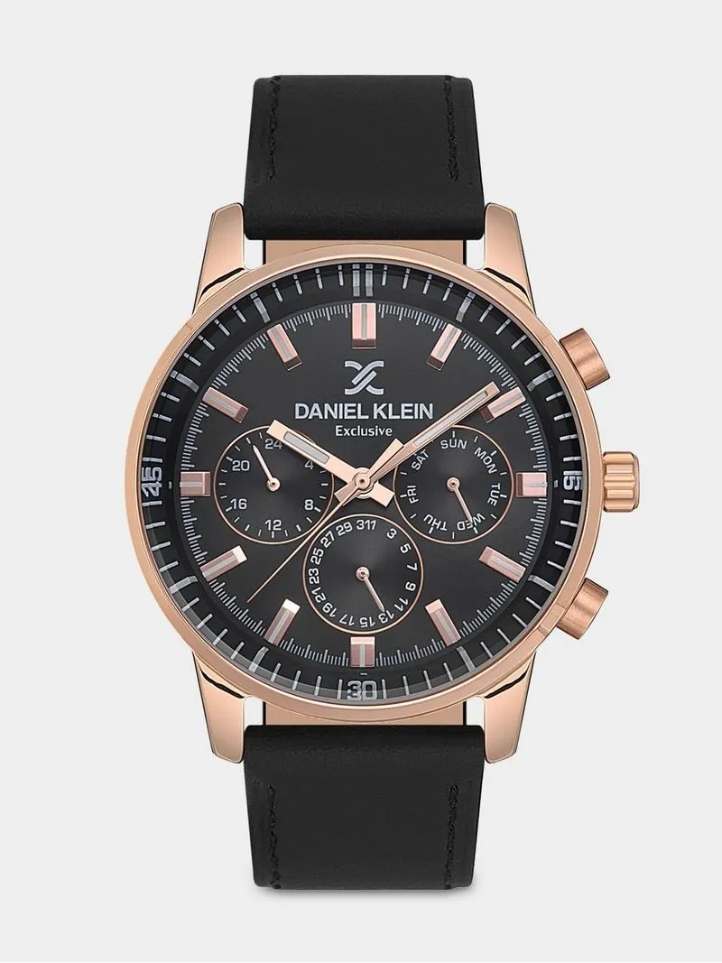 Daniel Klein Rose Plated Black Dial Black Leather Chronographic Watch